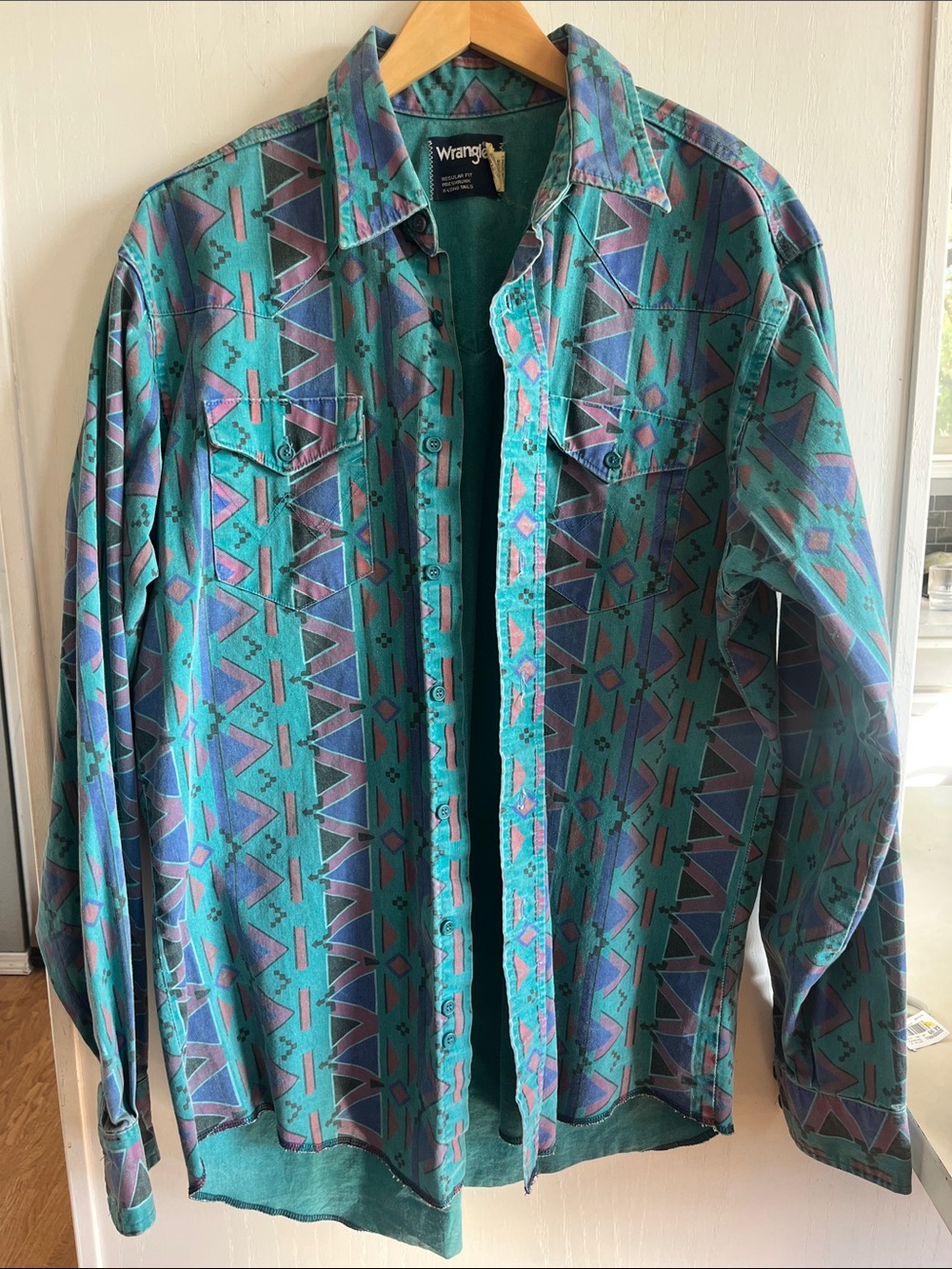 VTG Wrangler Brushpopper X-long Tails Shirt Mens 16.5-36